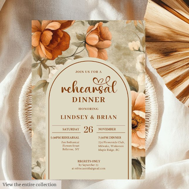 Chic Timeless Copper Beige Olive Floral Rehearsal Einladung (Timeless Copper Beige Olive Floral Rehearsal Invitation)