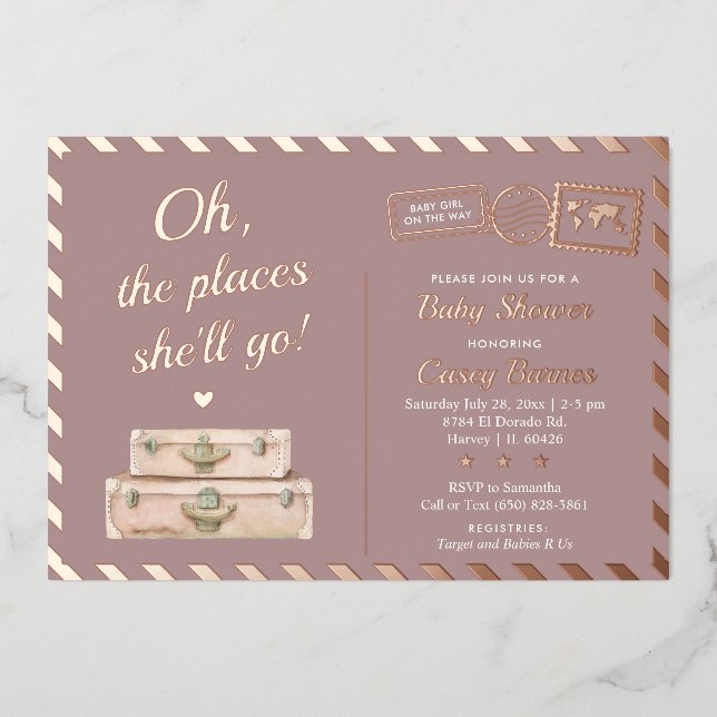 Chic Travel Rose Gold Plätze Sie wird Baby Shower Folieneinladung (Vorderseite)
