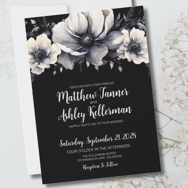 Chic Trendy Modern Black Floral Wedding Einladung (Chic Trendy Modern Black White Floral Wedding Invitation)
