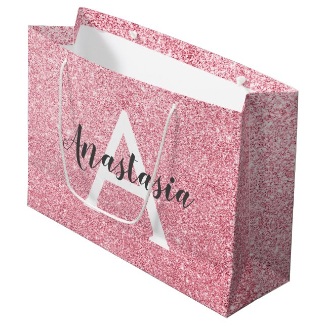 Chic & Trendy Rose Gold Glitzer Glitzern Monogram Große Geschenktüte (Vorderseite Schrägansicht)