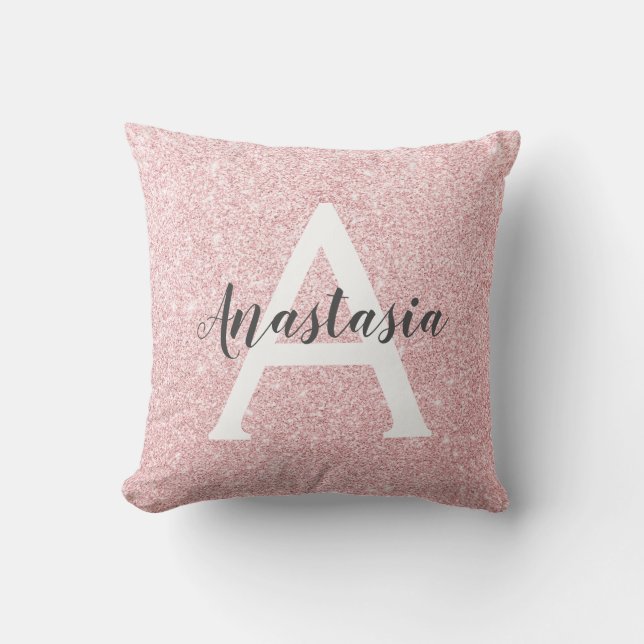 Chic & Trendy Rose Gold Glitzer Glitzern Monogram Kissen (Vorderseite)