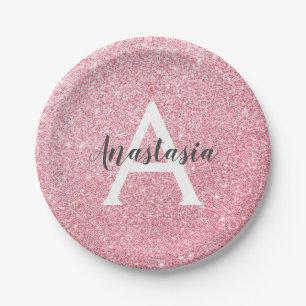 Chic & Trendy Rose Gold Glitzer Glitzern Monogram Pappteller
