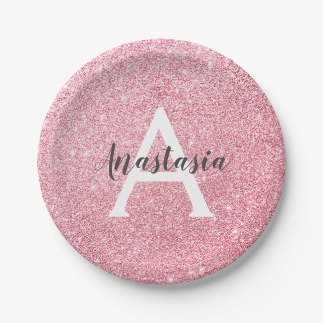 Chic & Trendy Rose Gold Glitzer Glitzern Monogram Pappteller (Vorderseite)