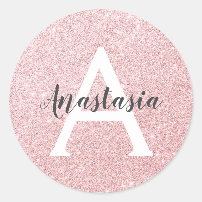 Chic & Trendy Rose Gold Glitzer Glitzern Monogram Runder Aufkleber (Vorderseite)