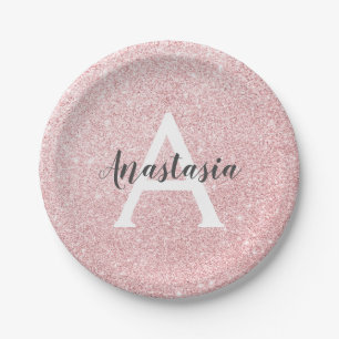 Chic & Trendy Rose Gold Glitzer Glitzern Monogramm Pappteller