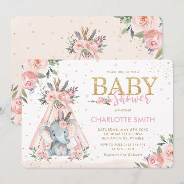 Chic Tribal Pink Floral Elephant Girl Babydusche Einladung (Vorne/Hinten)