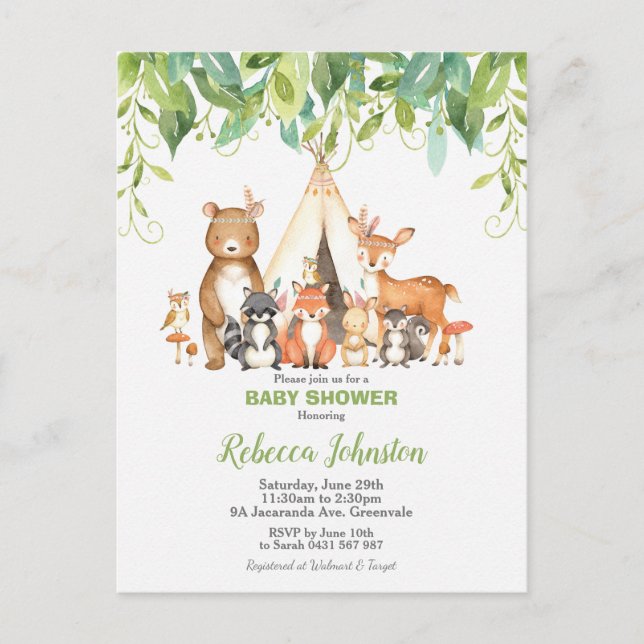 Chic Tribal Woodland Animals Greenerity Baby Dusch Postkarte (Vorderseite)