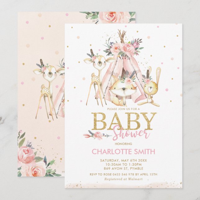 Chic Tribal Woodland Animals Pink Girl Baby Dusche Einladung (Vorne/Hinten)