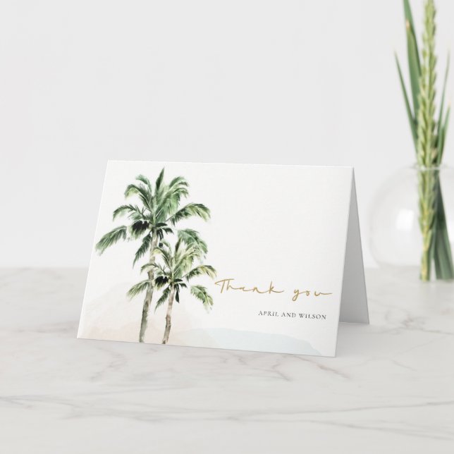 Chic Tropical Beach Palm Trees Wasserfarbenhochzei Dankeskarte (Vorderseite)
