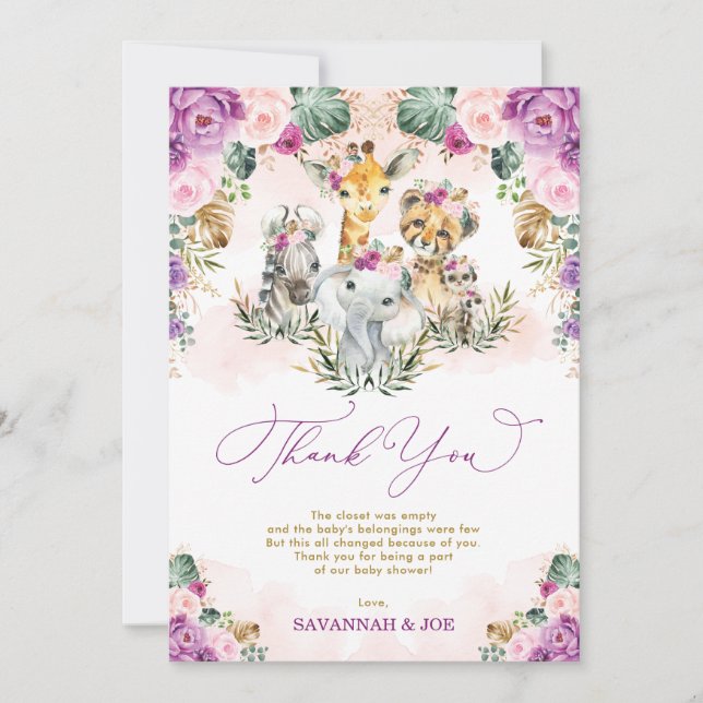 Chic Tropical Boho Jungle Wild Animals Baby Dusche Dankeskarte (Vorderseite)