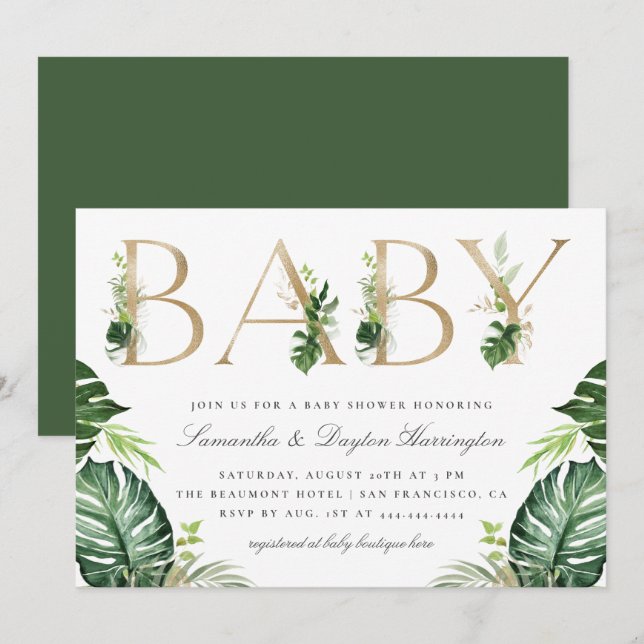 Chic Tropical Greenerenery Gold Typografie Babydus Einladung (Vorne/Hinten)