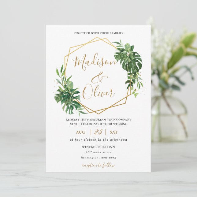 Chic Tropical Greenerity Gold Geometric Wedding Einladung (Stehend Vorderseite)