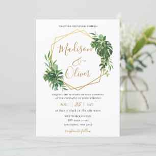 Chic Tropical Greenerity Gold Geometric Wedding Einladung