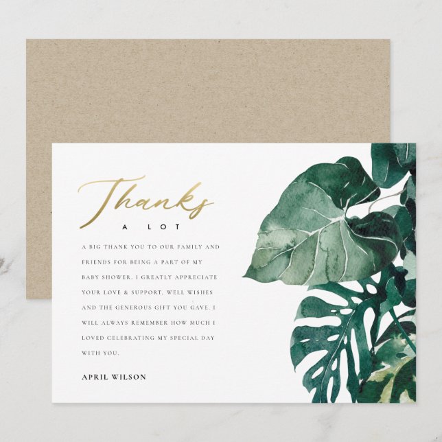 Chic Tropical Monstera Foliage Green Baby Dusche Dankeskarte (Vorne/Hinten)