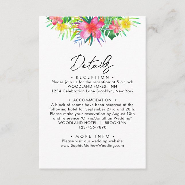 Chic Tropical Paradise Watercolor Hochzeitsdetails Begleitkarte (Vorderseite)