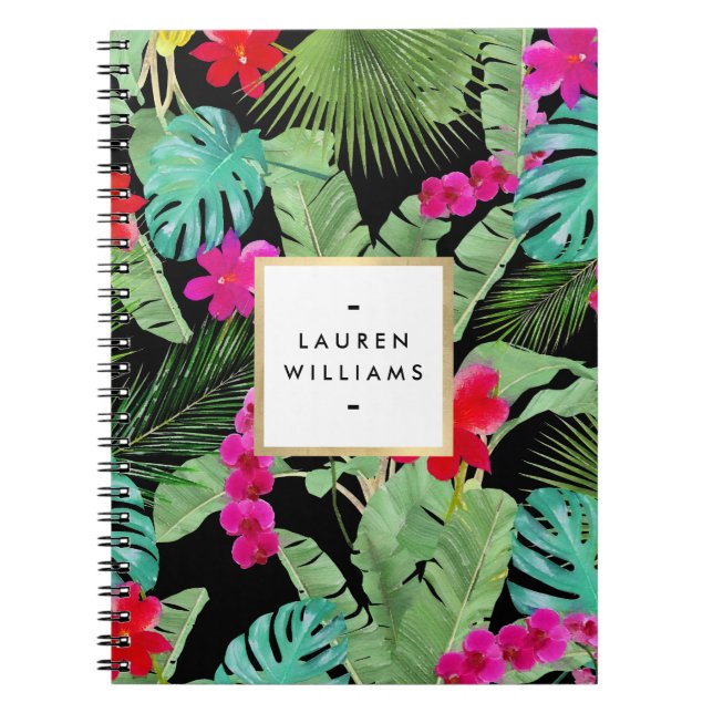 Chic Tropical Print Watercolor Schwarz Notizblock (Vorderseite)