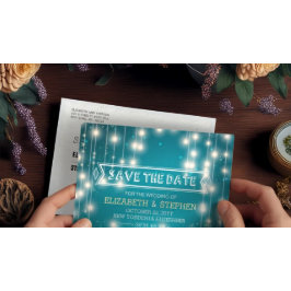 Chic Türkise String Lights Wedding Save the Date Ankündigungspostkarte