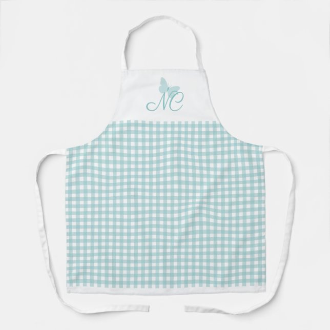 Chic Turquoise Butterfly Monogram Gingham Karo Schürze (Vorderseite)