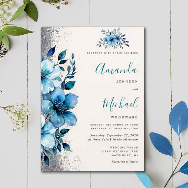 Chic Turquoise Floral Herbst Winter Wedding Einladung (Von Creator hochgeladen)