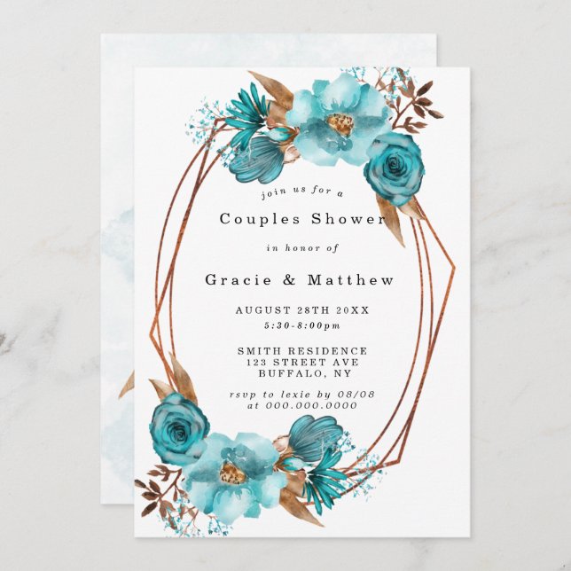 Chic Turquoise Gold Frame Couples Invitations de d (Devant / Derrière)