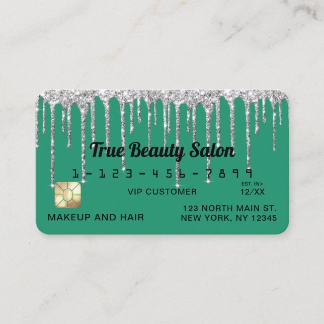 Chic Turquoise Green Silver Glitzer Tropfen Credit Visitenkarte (Vorderseite)