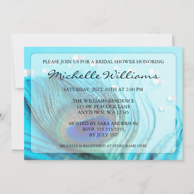 Chic Turquoise Joyaux de paon Invitations de douch (Devant)