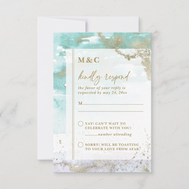 Chic Turquoise Lavender Gold Abstrakte Kunst Hochz RSVP Karte (Vorderseite)