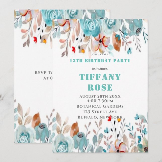 Chic Turquoise Peony 13e anniversaire Invitations  (Devant / Derrière)