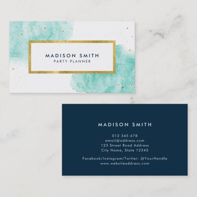 Chic Turquoise Watercolor Imitate Gold Business Ca Visitenkarte (Vorne/Hinten)