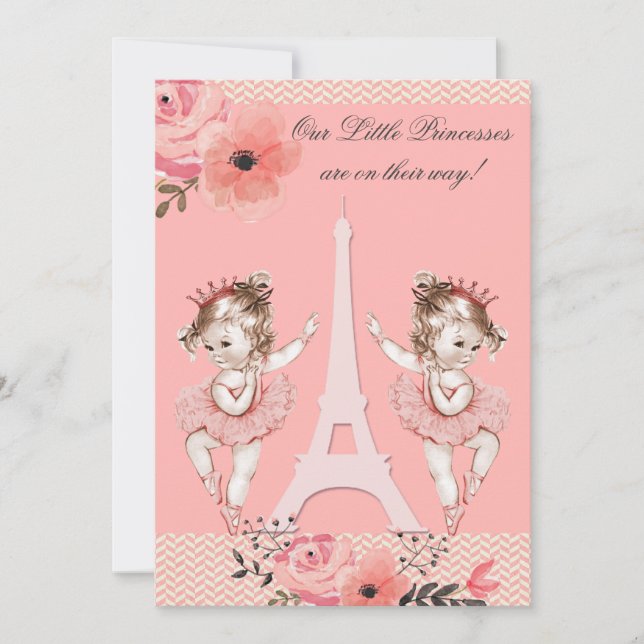 Chic Twin Ballerinas Floral Paris Baby Dusche Einladung (Vorderseite)
