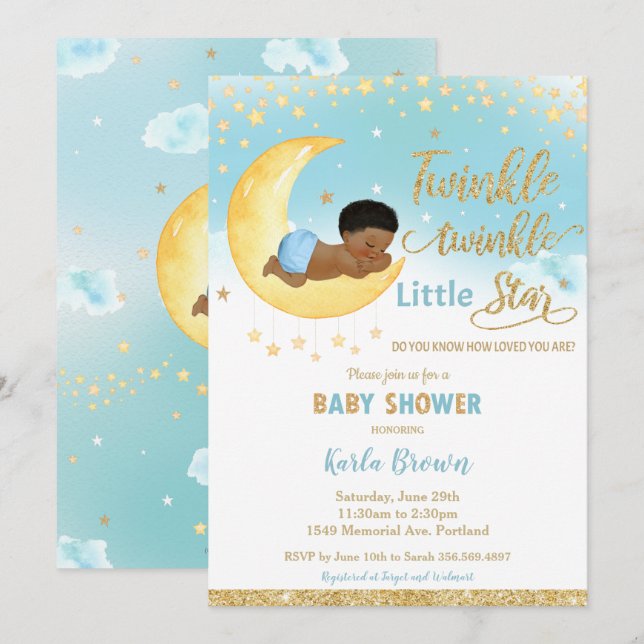 Chic Twinkle Little Star African Baby Shower Boy Einladung (Vorne/Hinten)