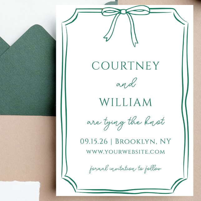 Chic Tying the Knot Hand Gezeichnet Bow Emerald Gr Save The Date (Announce your wedding with this emerald green invitation—perfect for a classic celebration.)