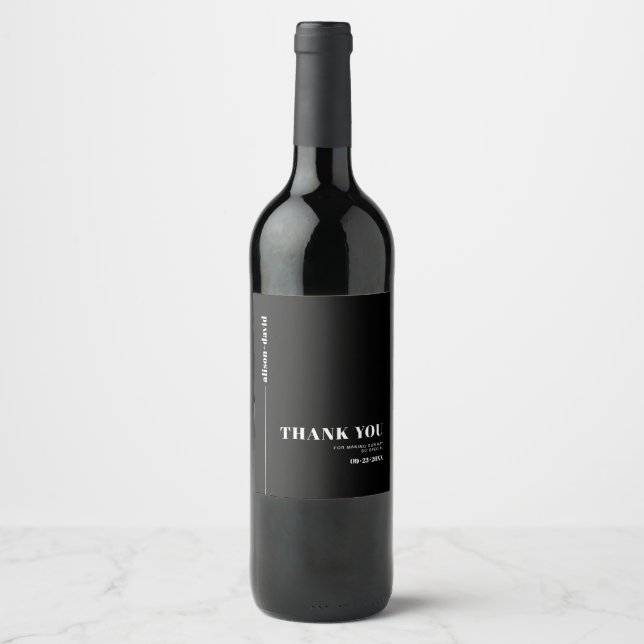 Chic Typografie schwarz Danke minimalistische Hoch Weinetikett (Vorderseite)