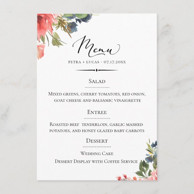 Chic Typografy Bohemisch Floral Wedding Menükarte (Vorderseite)