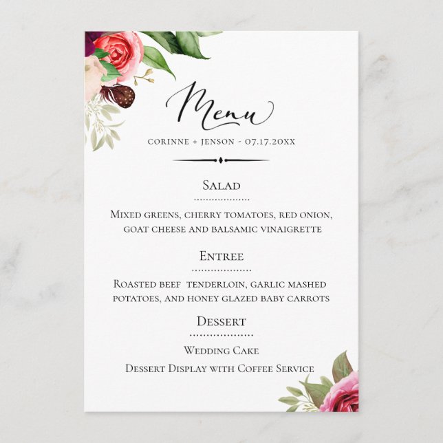 Chic Typografy Bohemisch Floral Wedding Menükarte (Vorderseite)