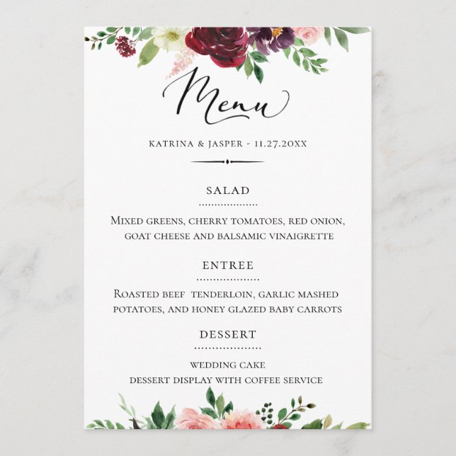 Chic Typografy Burgundy Blush Floral Wedding Menükarte (Vorderseite)
