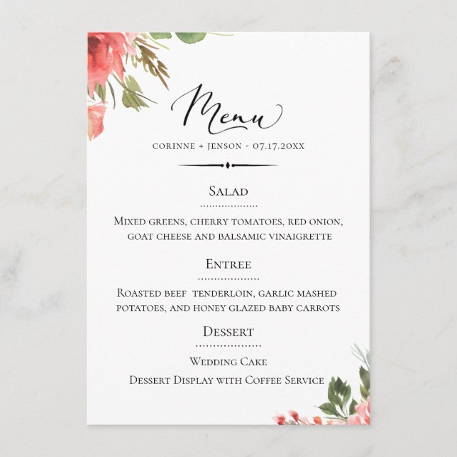 Chic Typografy Coral Floral Wedding Menükarte (Vorderseite)