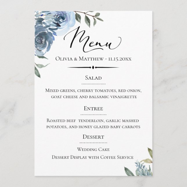 Chic Typografy Dusty Blue Botanical Wedding Menükarte (Vorderseite)