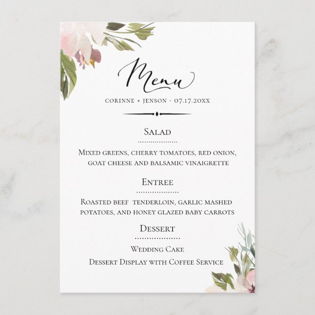 Chic Typografy Dusty Mauve Botanical Wedding Menükarte (Vorderseite)