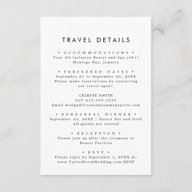 Chic Typografy Hochzeit in Urlaubsort Reisedetails Begleitkarte (Vorderseite)