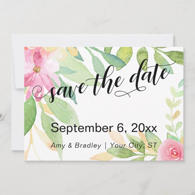 Chic Typografy Pink Boho Wasserfarbe Blume Save The Date (Vorderseite)