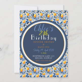 Chic und detailliert Navy Blue und Citrus Geburtst Einladung