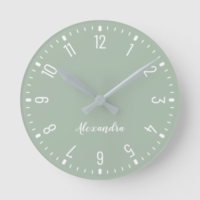 Chic und Elegant Cameo Green und White Runde Wanduhr (Vorderseite)