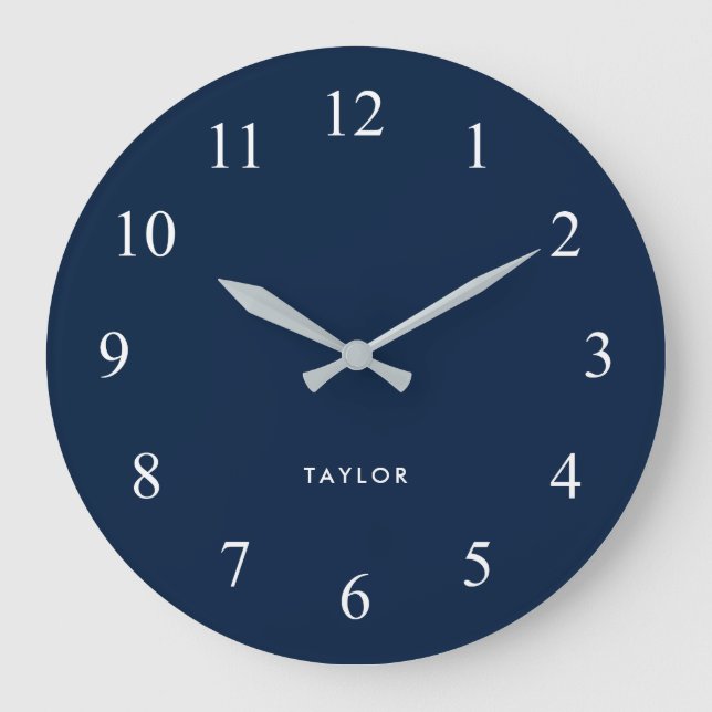 Chic und Elegant Dark Navy Blue und White Große Wanduhr (Vorderseite)