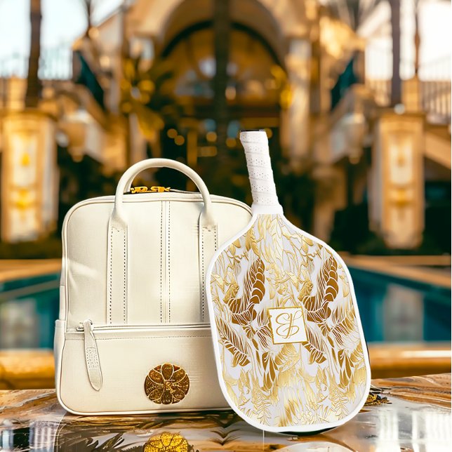 Chic und Mit Monogramm Monstera Gilded Gold Pickleball Schläger (Chic Monogrammed Monstera Gilded Gold Pickleball Paddle)