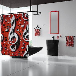 Chic und trendy Red White and Black Clef Notes Duschvorhang