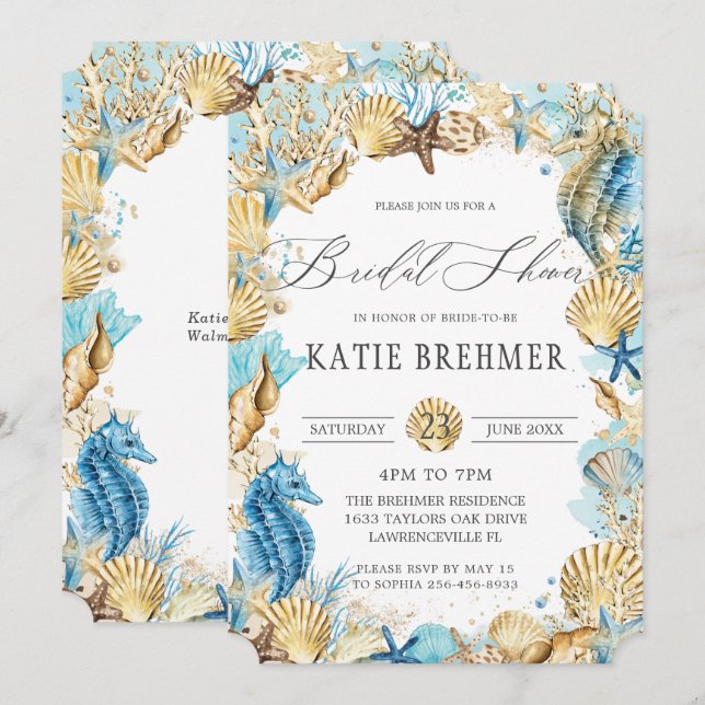 Chic Under Sea Mermaid Brautparty Blue Gold Einladung (Vorne/Hinten)