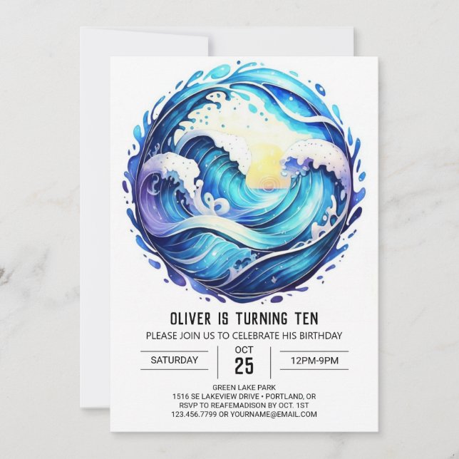 Chic Underwater Waves Kindergeburtstag Einladung (Vorderseite)