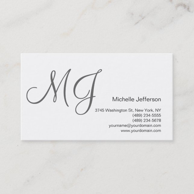 Chic Unique Monogram White Gray Business Card Visitenkarte (Vorderseite)