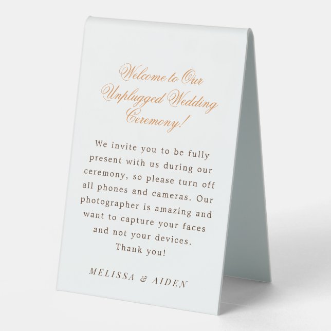 Chic Unplugged Wedding Zeremony Table Zelt Sign Tischaufsteller (Rückseite)
